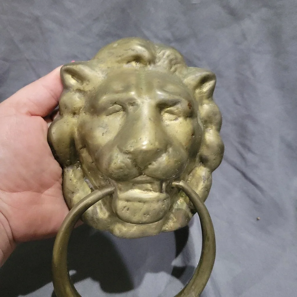 Vintage Heavy Solid Brass LION'S HEAD DOOR KNOCKER Antique Patina hardware